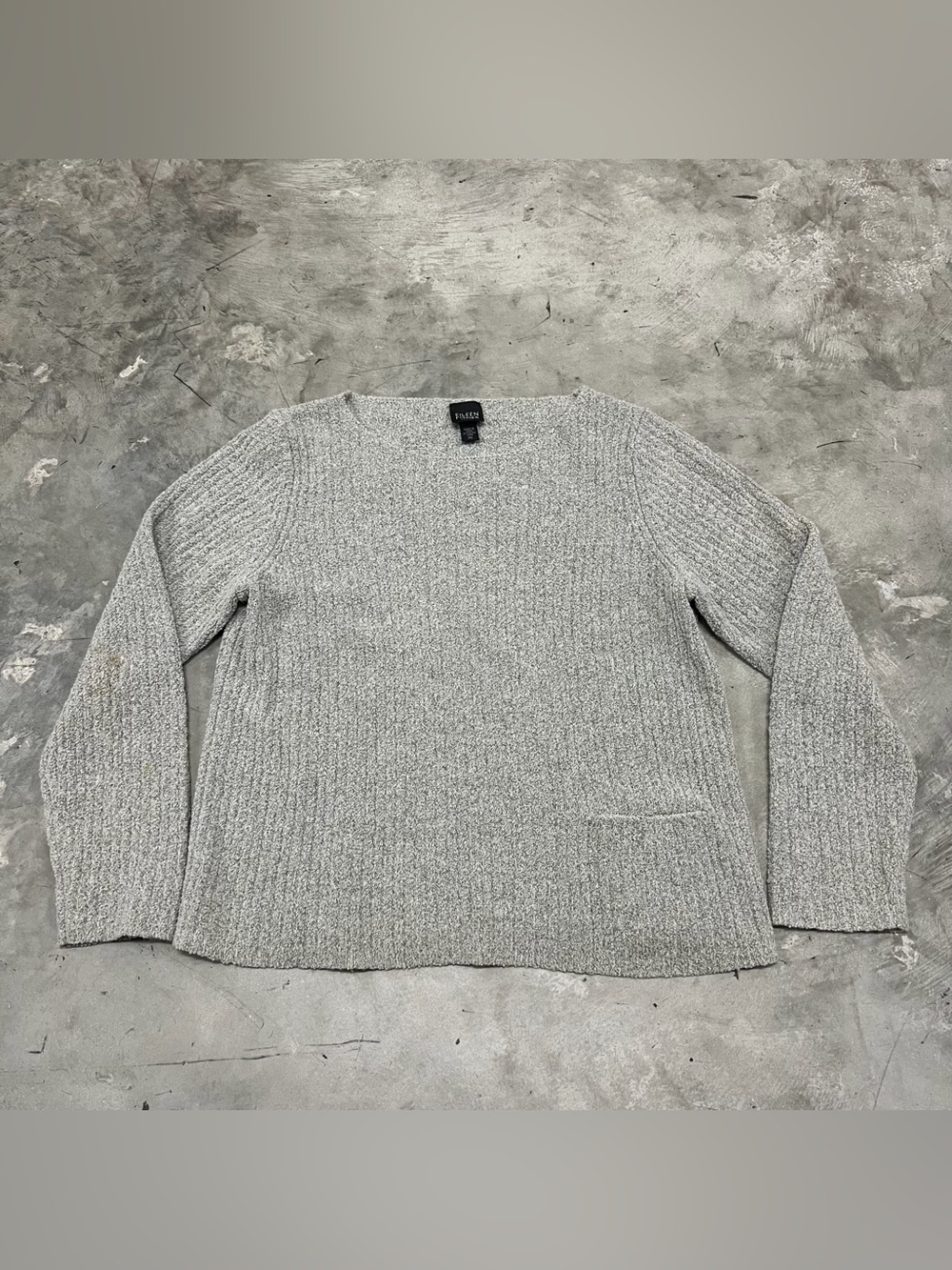 EILEEN FISHER Petite Gray Merino Wool Nylon Blend Melange Boucle Boxy Sweater PM